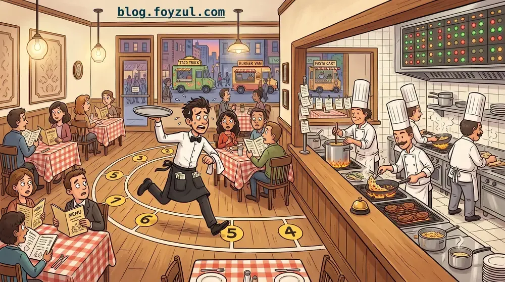 A cartoon restaurant showing the dining room and kitchen in one view. A sweating waiter runs along a circular track painted on the floor with six numbered stops. Stop four is at the kitchen serving window, where a small bell sits on the ledge. Behind the window, four chefs cook at the stoves with a queue of order tickets waiting beside them. On the back wall, a large board of small red and green lights shows orders in progress, and a window behind it looks out on food trucks in the street.