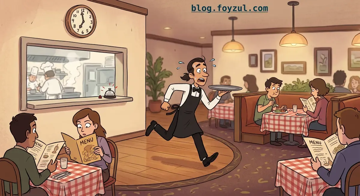 A cartoon restaurant. One sweating waiter runs across the floor holding an empty tray. Guests at every table wait with menus open. Behind a kitchen window, two chefs cook while a bell on the counter rings.