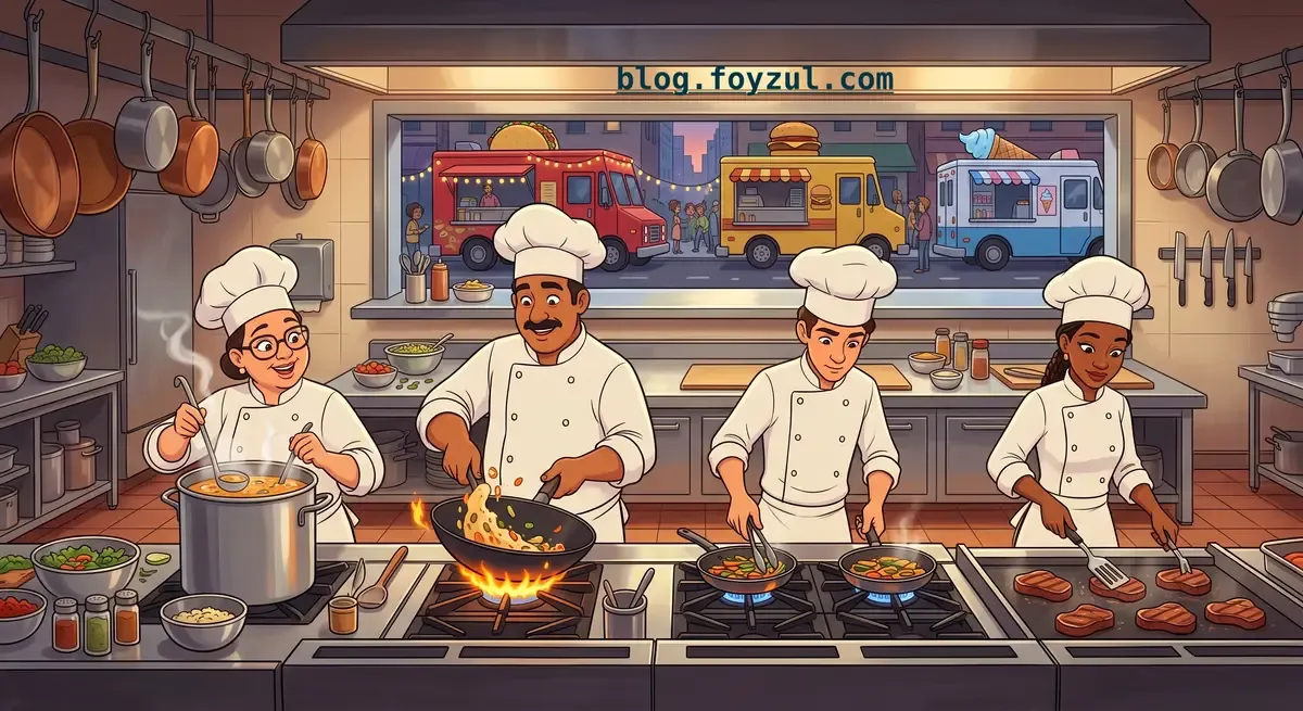 A cartoon restaurant kitchen. Four chefs in white hats cook at a row of stoves, each busy with a pan or pot. Through the window behind them, food trucks serve customers on the street outside.