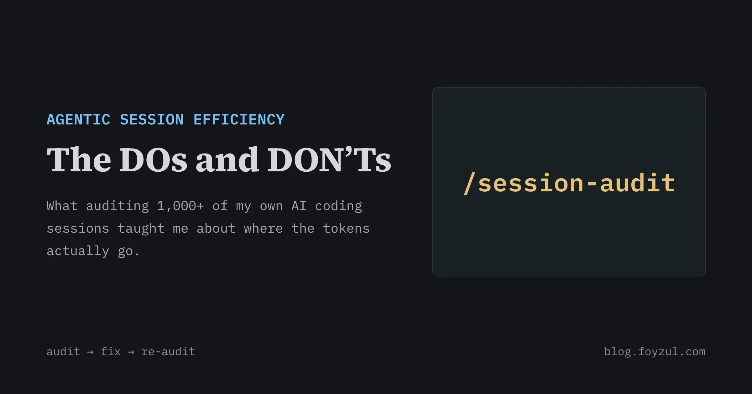 Hero card: "The DOs and DON'Ts" — what auditing 1,000+ of the author's own AI coding sessions taught him about where the tokens actually go, with "/session-audit" in gold inside a side panel.